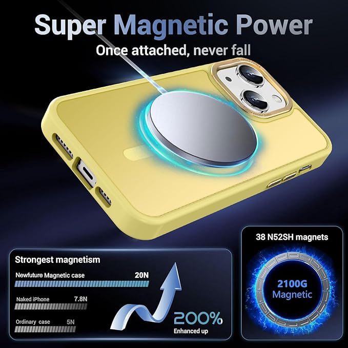 Newfuture Designed for iPhone 13 Case & iPhone 14 Case with Magnetic [13 FT Military Drop Protection] [Compatible with Magsafe] Slim Translucent Shockproof with Anti-Fingerprint Phone Case, Yellow