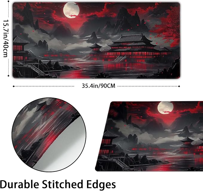 Japanese Mouse Pad Large Riverside Full Moon Desk Mat Black Red Mouse Pad Gaming 35.4"x15.7" Long Keyboard Pad Mouse Mat with Stitched Edges Non-Slip Base Computer Pc Desk Pad for Office Work Home
