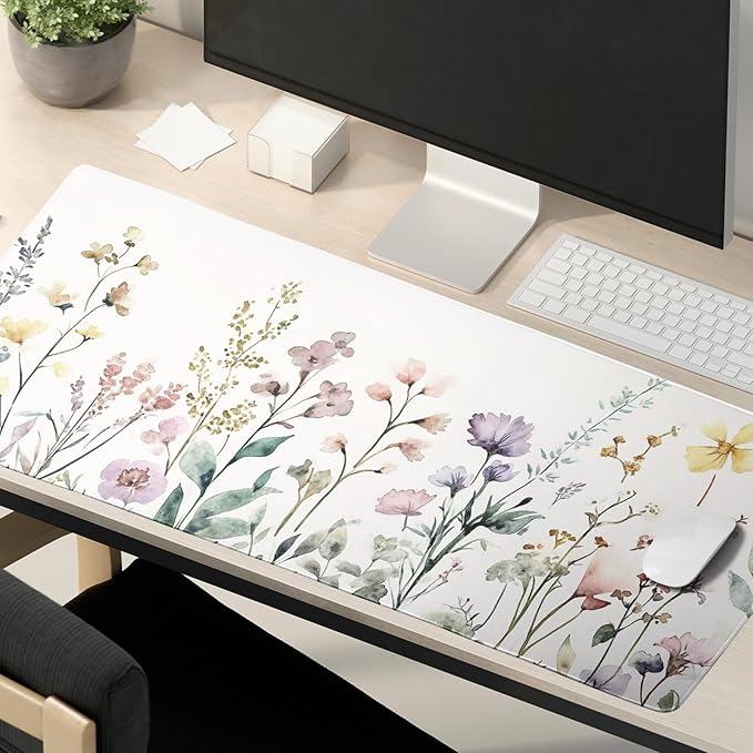 Floral Desk Mat Large Extend Mouse Pad XXL Beige Boho Desk Pad 35.4x15.7 Inch Cute Minimalist Flowers Mouse Pads Flowers Esthetics Computer Laptop Mouse Mat Non-Slip for Home Office Desktop Decor