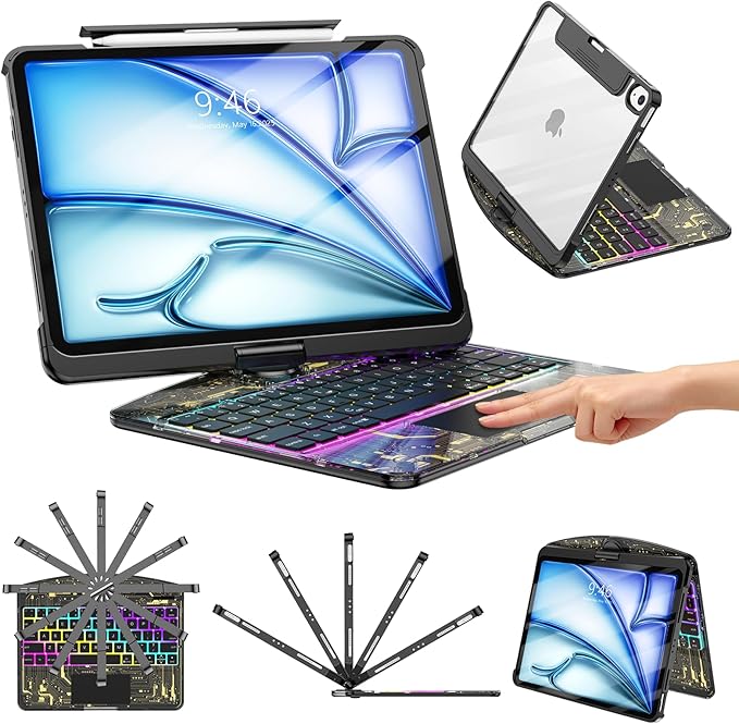TSQQST Clear Keyboard Case for iPad Air 11 Inch (M4/M3/M2, 2026/2025/2024)/ iPad Air 5th/4th Generation 10.9" / iPad Pro 11" 1st/2nd/3rd/4th, Trackpad, Pencil Holder, 7-Color Backlit, Rotatable, Black