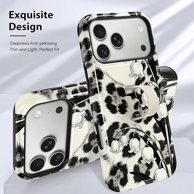 KANGHAR Compatible with iPhone 17 Pro Max Case, Support for MagSafe, Silicone Leopard Flower Cool Pattern, Wristband Kickstand Camera Protection Soft Slim Phone Case for Girls Women -Black