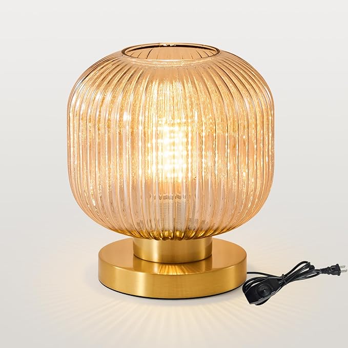 Mid Century Globe Table Lamp: Amber Vintage Pumpkin Ribbed Glass Dimmable Plug in Bedside Lamps - Cute Brass Gold Modern Side Table Lamp Nightstand Light for Bedroom Entryway Office Desk Living Room