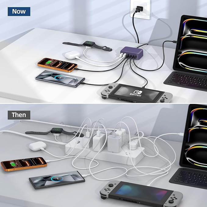 Updated USB C Fast Charger Block, 100W GaN 6 Port PD USB C QC USB A Wall Charger Adapter Plug Cube, Type C Charging Station Hub for iPhone 17 16 15 14 13 Pro Max iPad Samsung Pixel 5ft Extension Cord