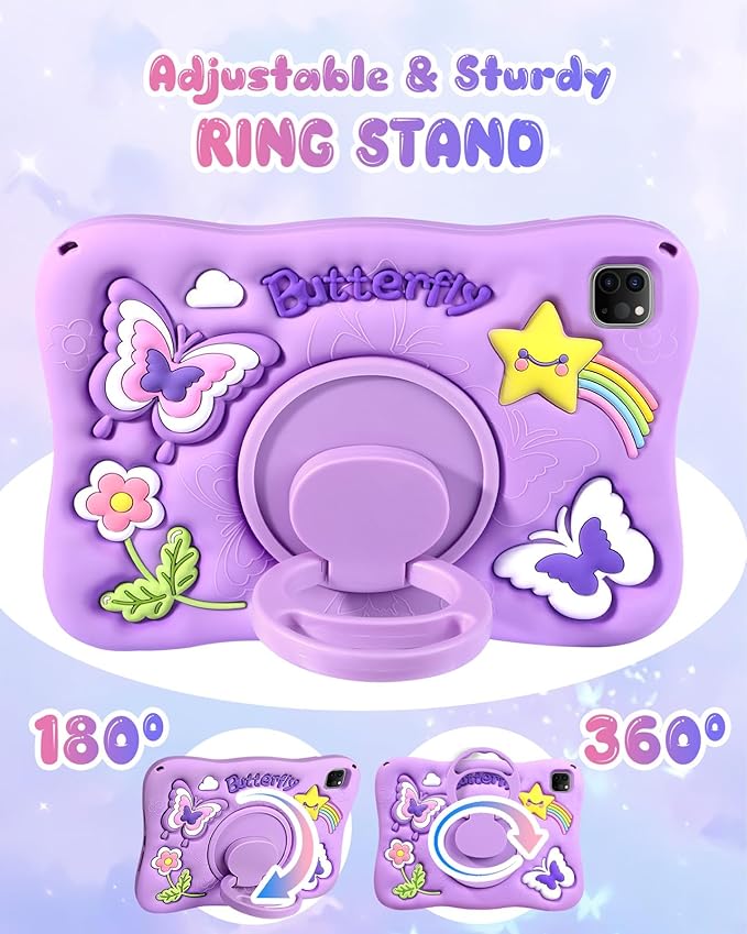 Kidcube for iPad Air 11 Inch Case M3 2025/M2 2024, Pro 11'' 4th/3rd/2nd/1st, Air 5th/4th Generation Case - Girls Cute Kawaii Girly 3D Purple Butterfly Design with Rotating Stand & Strap Silicone Cover