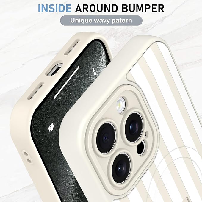 KANGHAR Compatible with iPhone 15 Pro Max Case, Support for MagSafe, Silicone Stripes Cute Pattern, Wristband Kickstand Camera Protection Soft Slim Cover for Girls Women -White
