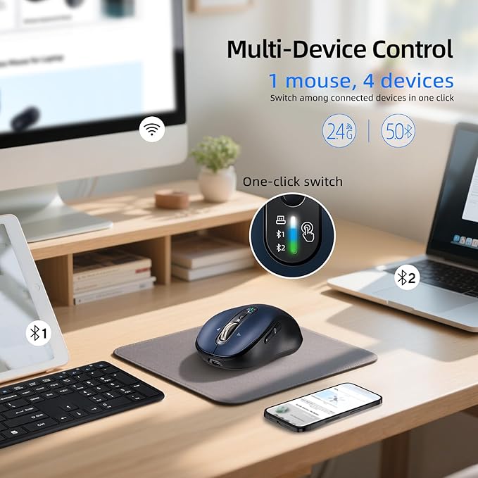 INFINMIND Bluetooth Wireless Mouse for Laptop,USB+BT×2,USB-C Charging,Quiet Multi Device Mouse,Metal 4-Way Super Scrolling,± 3200 DPI,Plug&Play,Ergo Computer Cordless Mice,for iPad/Tablet/Mac/PC/Phone