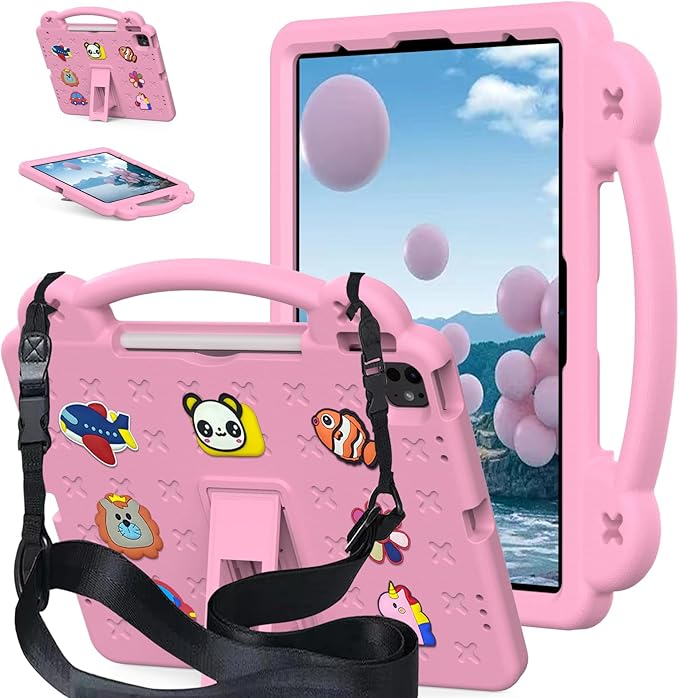 AKABEILA Compatible with Huawei MediaPad M3 Lite S 8.0/Samsung Tab A 8.0 2019 T290/T295/Tab A7 Lite 8.7 T220/T225 2021 Tablet Case, Kids Case with Shoulder Strap & Stand Handle Pink