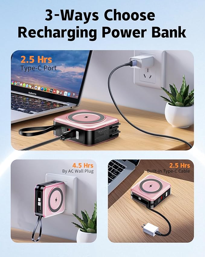 for Magsafe Portable Charger with Built-in Cables and AC Wall Plug, 10000mAh Magnetic Wireless Power Bank 22.5W Type-C in & Out Fast Charging Battery Pack for iPhone 17/16/15/14/13/12 Series, Pink