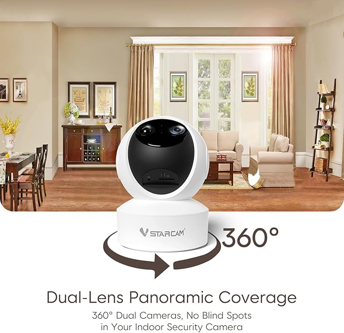 VSTARCAM Dual Lens Indoor Security Camera, 2K QHD with 10X Zomm, 360° Pan-Tilt 2.4GHz with Color Night Vision, Motion Detection, Real-time Alerts, 2-Way Audio, Cloud & SD Card Storage(up to 256GB)