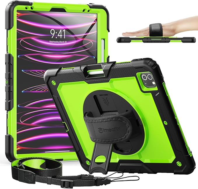 Timecity for iPad Pro 12.9 Case 6th/5th/4th/3rd Gen, 360° Rotating Stand, Pencil Holder & Wireless Charging, Shockproof with Screen Protector & Shoulder Strap - for Designers & Professionals - Green