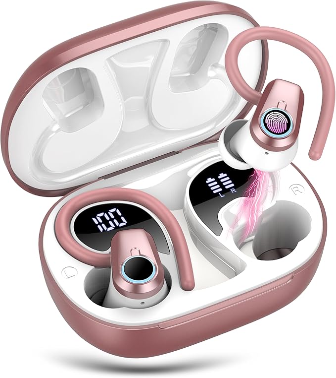 Wireless Earbuds, 2023 Bluetooth Headphones 5.3 Sport, 50H Ear buds with Earhooks, Dual LED DisplayBluetooth Earbuds, Stereo Noise Cancelling Headphones, IP7 Waterproof Running Earphones, Rose Gold