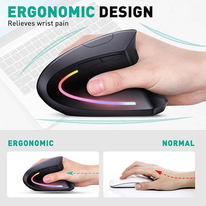 JYKEYMOUT Bluetooth+USB A+USB C(3 in 1)Rechargeable Ergonomic Mouse, Wireless Vertical Design, 5 Adjustable Levels Up to 4800 DPI, 2.4G Carpal Tunnel Silent Mice for PC,Laptop,MacBook,Chromebook-Black