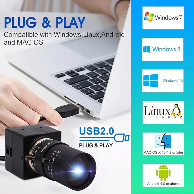 4K USB Camera - 10X Optical Zoom, Ultra HD 2160P, IMX415 Sensor, Plug and Play for Windows, Linux, Mac, Raspberry Pi
