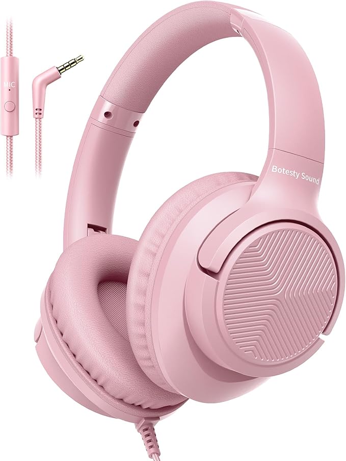 Botesty Sound Wired Headphones with Microphone, Over Ear 3.5mm Plug in Headphones with 4.9ft Tangle-Free Nylon Cord for Tablet, Laptop, MP3/4, School, Airplane Travel (Pink)