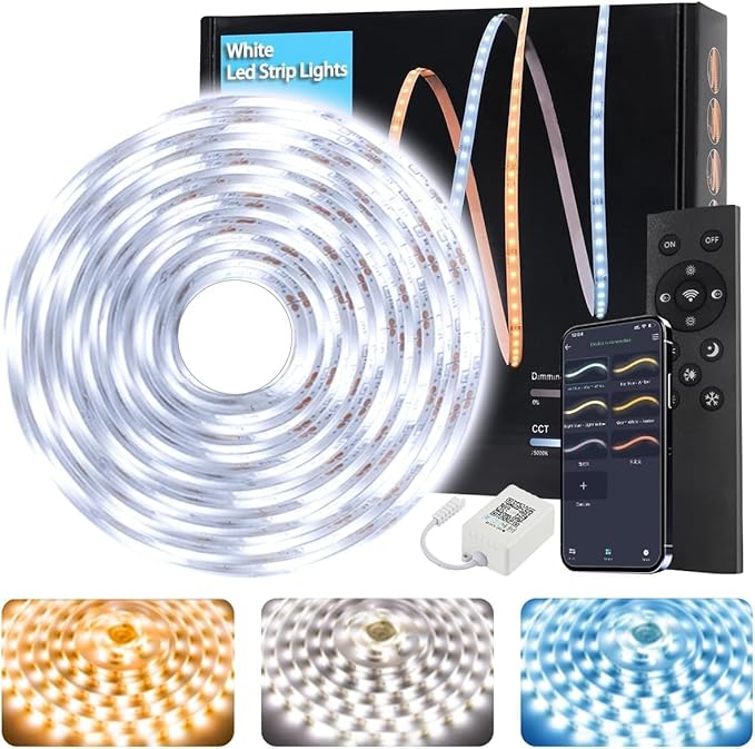 Tenmiro White LED Strip Lights 32.8ft (1200 LEDs) Super Bright 25000K Daylight White, 3Color Temperature Dimmable with Smart App & Remote Control for Bedroom Kitchen Commercial Home Lighting Decor