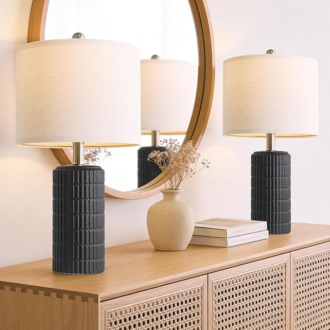 PoKat Small Table Lamps Set of 2 for Bedroom, 20.75'' Matte-Textured Farmhouse Ceramic Bedside Lamps for Night Stands, Stone-Like Modern Lamps for Living Room End Table Hallway Entryway Decor Black