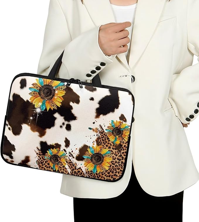 Cow Print Sunflower Laptop Sleeves & Cases, Laptop Tote Bag with Handle, Men Women School Travel Business Computer Carrying Bag for 10" 12" 13" 15" 17 inch Tablet/Notebook/Reader