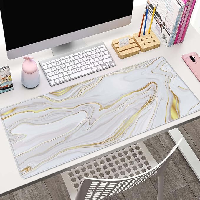 Marble Desk Pad White Gold Large Mouse Pad Gaming Mousepad Extended XL Keyboard Pad 31.5 x 11.8 in Laptop Computer Mouse Keyboard Mat for Office Desk Decor