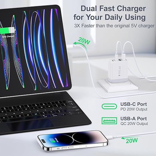 USB C Wall Charger, 40W 4-Port USB C Charger Block, Fast Charging Block Dual Port PD+QC Power Adapter Type C for iPhone 15/14/13/12/11/Pro Max/XS/XR/8, iPad, Samsung Phone, Tablet, with 6FT C-C Cable