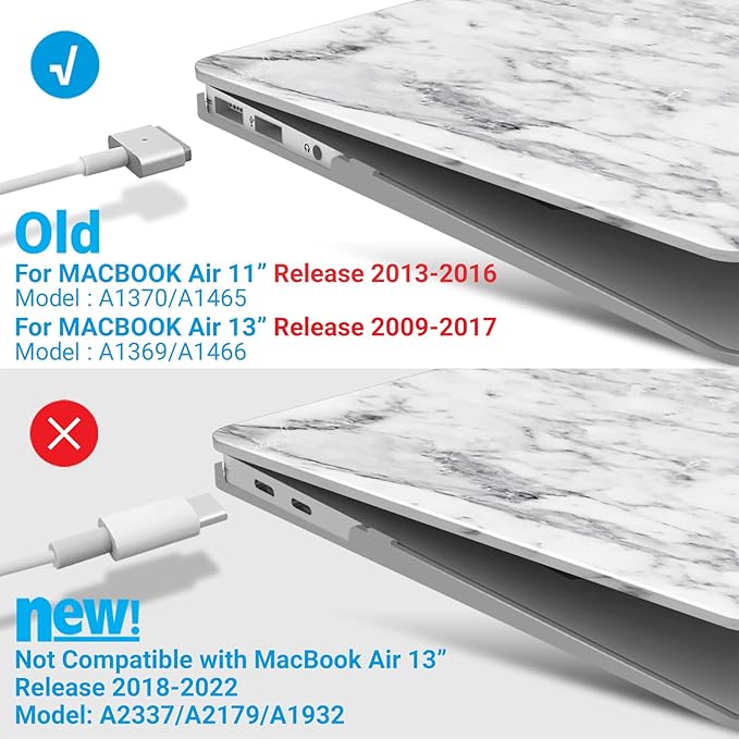 IBENZER Compatible with Old Version MacBook Air 13 Inch Case (2010-2017 Release). Models: A1466 / A1369, Plastic Hard Shell Case with Keyboard Cover for Mac Air 13, White Marble, A1301WHMB+1A