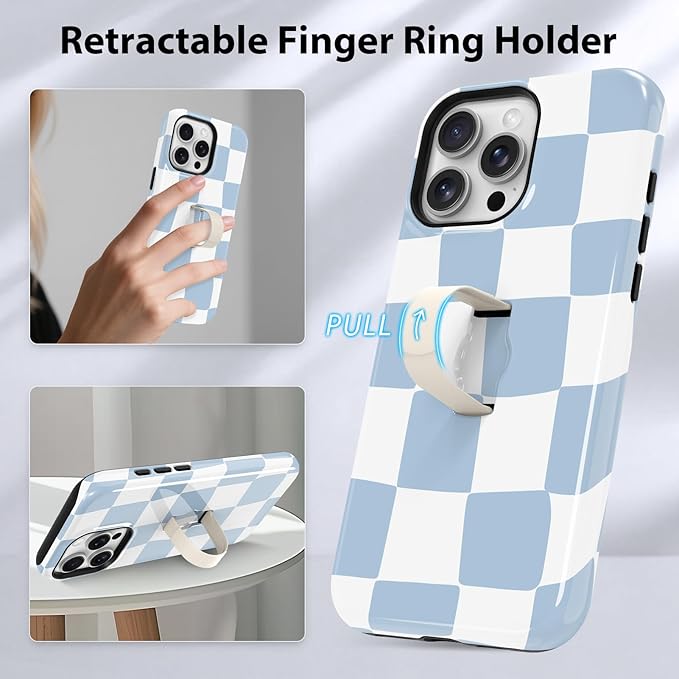 KANGHAR Compatible with iPhone 16 Pro Case, Support for MagSafe, Silicone Checkered Cute Pattern, Finger Hold Wristband Kickstand Camera Protection Soft Slim Phone Case for Girls Women -Light Blue
