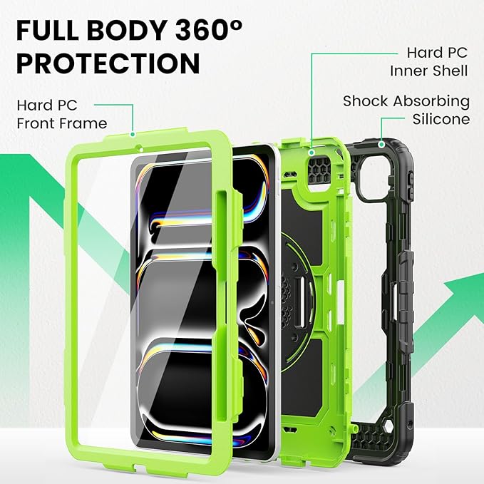 SEYMAC for iPad Pro 11 Inch Case M5 2025 / M4 2024, Heavy Duty Shockproof Protective Case with Screen Protector, 360° Rotating Stand, Hand/Shoulder Strap and Pen Holder, Green