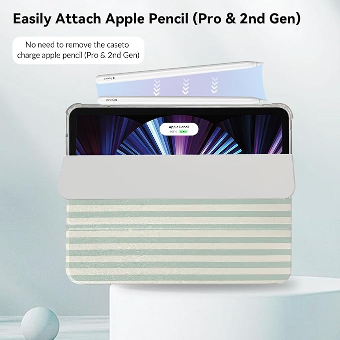 Lovmooful Compatible for iPad Pro 11-Inch,2022/2021/2020/2018 Model(4th/3rd/2nd/1st Generation) Case with Pencil Holder Cute Striped with Aesthetic Design Soft TPU Trifold Stand Protective-Green