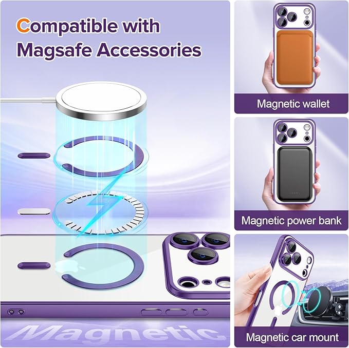 Hython Magnetic Clear for iPhone 17 Pro Case with Camera Lens Protector [Compatible with MagSafe] Luxury Plating Edge Slim Soft TPU Cover Protective Phone Case for iPhone 17 Pro 6.3", Matte Purple