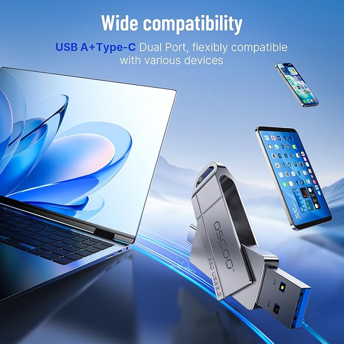 128GB SSD USB Flash Drive, Up to 550MB/s–USB 3.2 Gen1 Thumb Drive, Dual USB-C & USB-A Ports, Compatible with iPhone 15/16/17, Android Phones, Mac – Photo & Video Backup