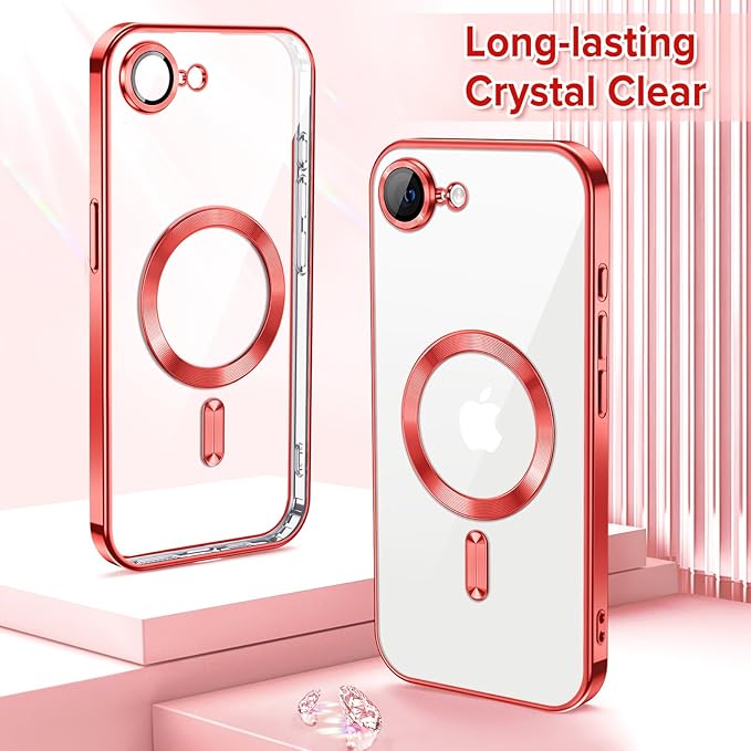 Hython Magnetic Clear for iPhone 17e Case with Camera Lens Protector [Compatible with MagSafe] Luxury Plating Edge Slim Soft TPU Cover Protective Phone Case for iPhone 17e 6.1", Red