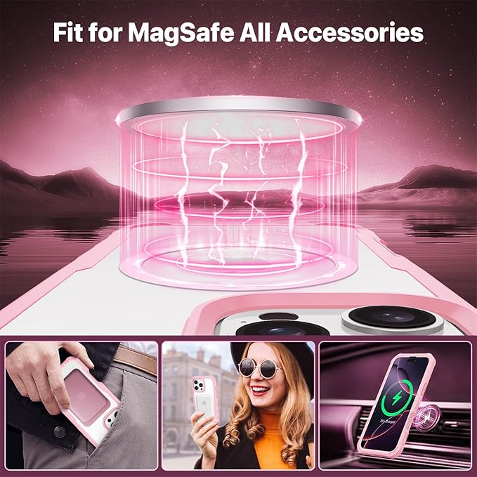 CENHUFO Magnetic Privacy for iPhone 16 Pro Case [Compatible with Magsafe] Full Body Phone Case Built-in 9H Tempered Glass Privacy Screen Protector and Camera Lens Cover, Shockproof Bumper - Pink