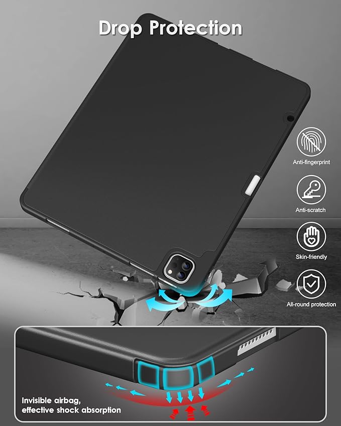 DTTO for iPad Air 13 Inch Case M4/M3/M2 2026/2025/2024, iPad Pro 12.9 Inch Case (6th/5th/4th/3rd Gen), Smart Slim Trifold Stand Soft Cover with Pencil Holder, Black