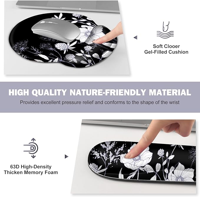 Gaming Mouse Pad, Large Desk Mat, Cute Desk Pad Protector, 4in1 XXL Mousepad + Keyboard Wrist Rest+Mouse Wrist Rest+Coaster Set with Ergonomic Desk Pad for Home Office PC Computer, Black White Flowers