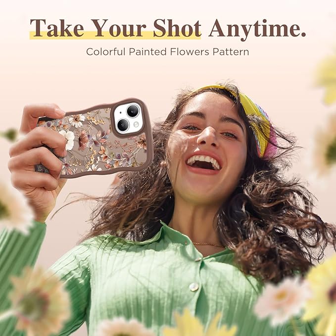 GVIEWIN Cute for iPhone 14 Case & iPhone 13 Case [Compatible with MagSafe] [Curly Wave Edge] Floral Translucent Magnetic Shockproof Protective Phone Cover for iPhone 14/13 6.1'', Corn Poppy/Brown