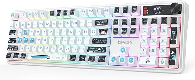 Redragon K526 PRO RGB Wireless Membrane Gaming Keyboard, 104 Keys Mechanical-Feel Keyboard w/LED Info Display, Media/Backlit Knob Control, Smooth Linear Switch & Software Supported