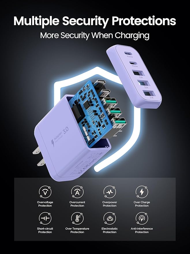 USB C Charger Block,EIZLXQ [2-Pack] Type C Charger Fast Charging,50W 5-Port USB Wall Chargers Multiport Type C Charging Block Cube for iPhone 17 16 15 14 13 12 11 Pro Max XS,iPad,Samsung&More-Purple