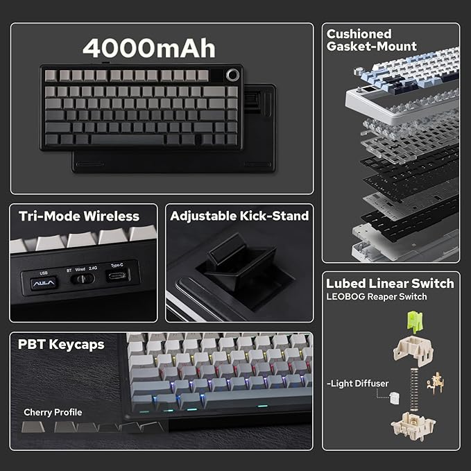 EPOMAKER X Aula F75 MAX Wireless Mechanical Keyboard with TFT Screen and Knob, Gasket Gaming Keyboard in 75% Layout, Hot Swappable, RGB Backlight, for PC/Mac/Linux (Black Gradient)