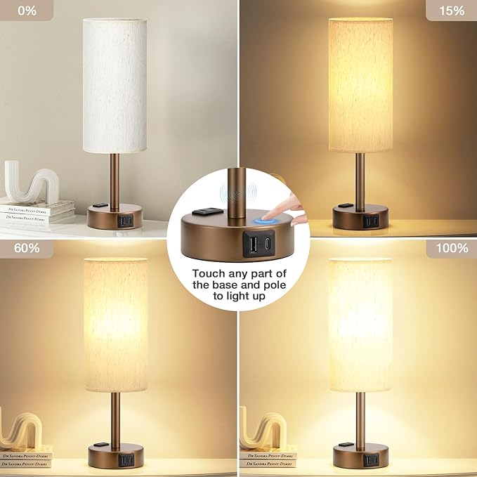 Fenmzee Brown Bedside Table Lamp for Bedroom - 3 Way Dimmable Touch Lamp USB C Charging Ports and AC Outlet, Small Lamp Round Flaxen Cream Fabric Shade for Living Room, Desk, LED Bulb Included