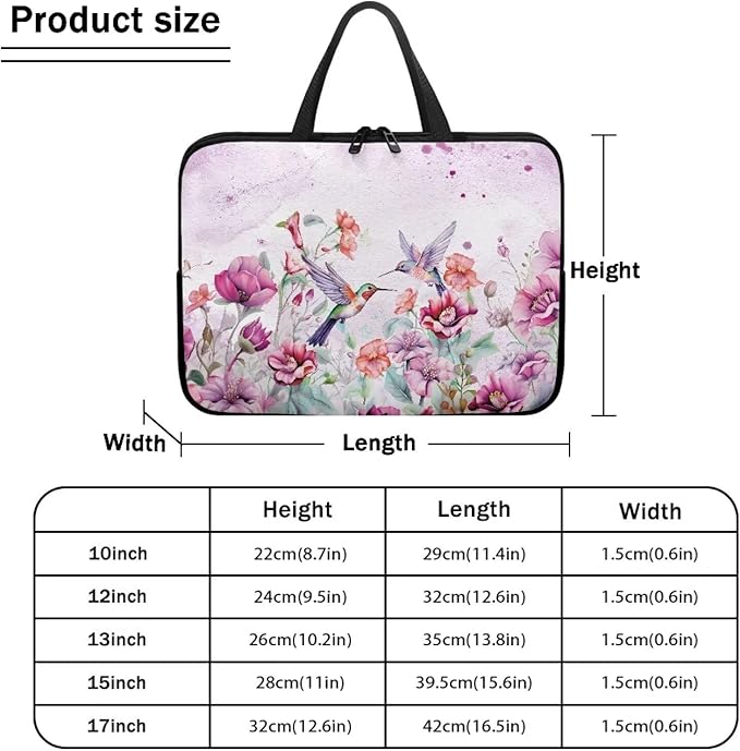 17 Inch Laptop Sleeve, Laptop Cover Computer Bag Tablet Carrying Case with Handle, Hummingbirds Floral Water-Repellent Tote Bags Notebook Sleeves Handbag Messenger Briefcase