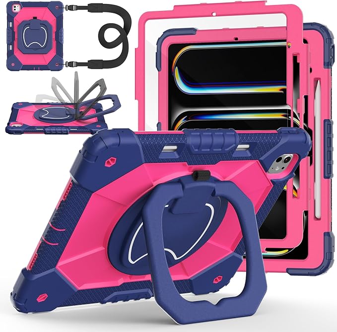 Case for iPad Pro 13 Inch M5 2025 / M4 2024, Auorld for iPad Pro 13 Inch M5 2025 with Screen Protector, 360 Degree Rotating Stand Shoulder Strap Pencil Holder, Navy Pink