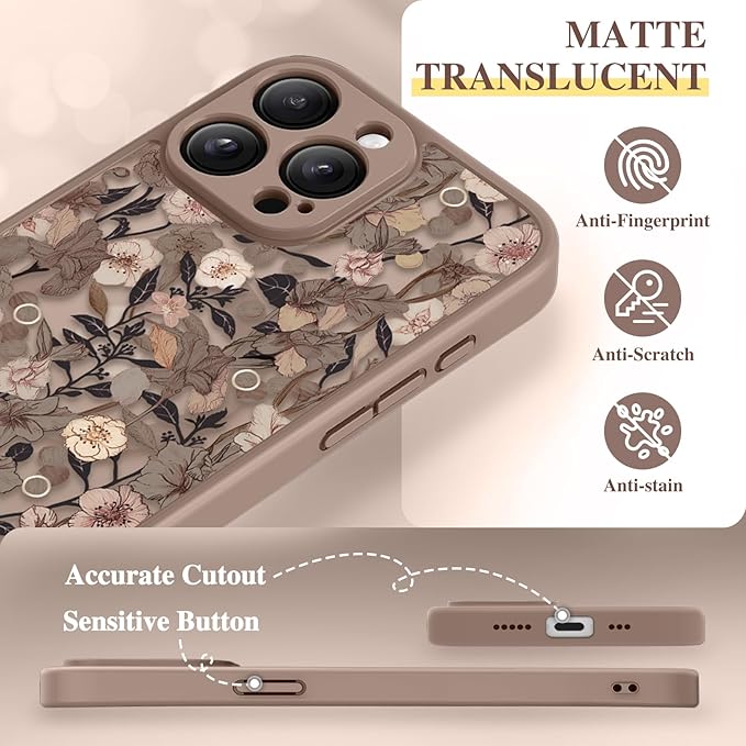 GVIEWIN for iPhone 15 Pro Case Compatible with MagSafe, [Military Grade Protection] [Screen Protector] Full Camera Protection Floral Translucent Women Magnetic Phone Case, Apricot Blossom/Brown