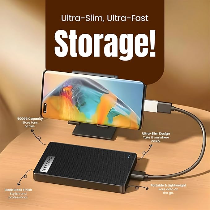 GAZELLE High-Speed 1TB Ultra Slim Portable External Hard Drive - 2-in-1 Type C & USB 3.0, Compatible with PC, Mac, Laptop, PS4, Xbox, iPad, Tablet, Mobile (Black) - 1 Year Warranty