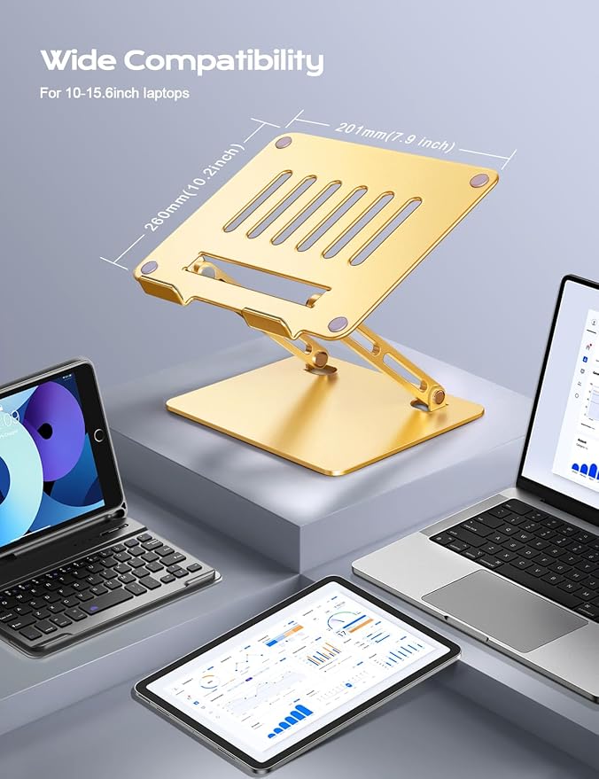 LOXP Aluminum Laptop Stand, Portable Laptop Riser, Adjustable Laptop Stand for Desk Foldable, Ergonomic Computer Notebook Holder for Desk, Office Desk Accessories (10-15.6'') - Gold