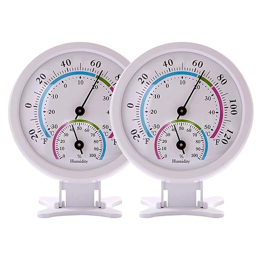 Mini Indoor Thermometer Hygrometer Analog 2 in 1 Temperature Humidity Monitor Gauge for Home, Room, Outdoor, Offices, Display Mechanical Diameter 75mm-2 Pack (No Battery Needed)-White