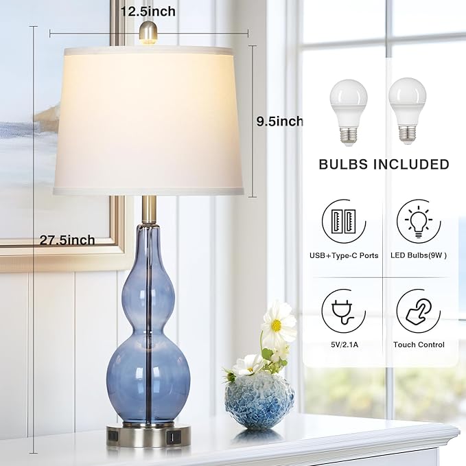 Rinweey 27.5" Coastal Blue Glass Double Gourd Table Lamp Set of 2,3-Way Dimmable Touch Control Bedside Lamps with USB Ports and AC Outlet, Nautical Nightstand Lamps for Bedroom Living Room