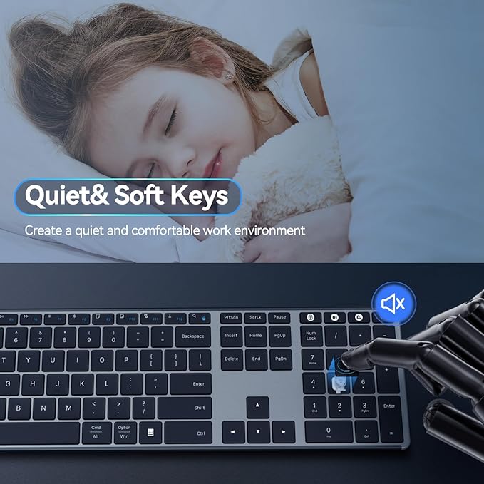 AUSDOM 2.4G Wireless Bluetooth Keyboard Full Size, Quiet Slim Multi-Device Rechargeable Cordless QWERTY Keyboard with Number Pad, Low Profile Silent Flat Universal Keyboards for Computer/Mac/Windows