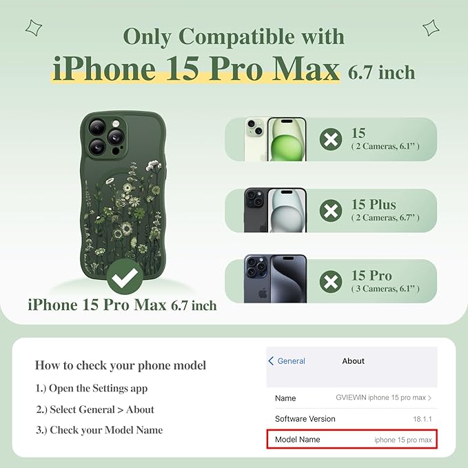 GVIEWIN for iPhone 15 Pro Max Case Compatible with MagSafe [Curly Wave Edge][Full Camera Protection]Floral Translucent Shockproof Magnetic Women Phone Case for 15 Pro Max 6.7'',Floratopia/Forest Green