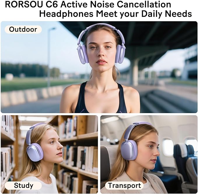 C6 Active Noise Cancelling Headphones, Wireless Over Ear Bluetooth Headphones, 60H Playtime, Lightweight Folding Deep Bass Comfort Fit Ear Cups Headset with Mic for iPad/Travel/PC/Home Purple
