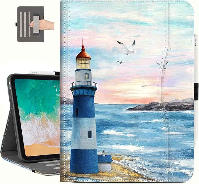 for iPad (A16) 11Th/10Th Generation Case 2025/2022, for iPad Case 11Th/10Th Generation, iPad11Th Gen Cover Pencil Holder/Hand Strap/Pocket/Screensaver Elastic Band, Blue Lighthouse Seagull