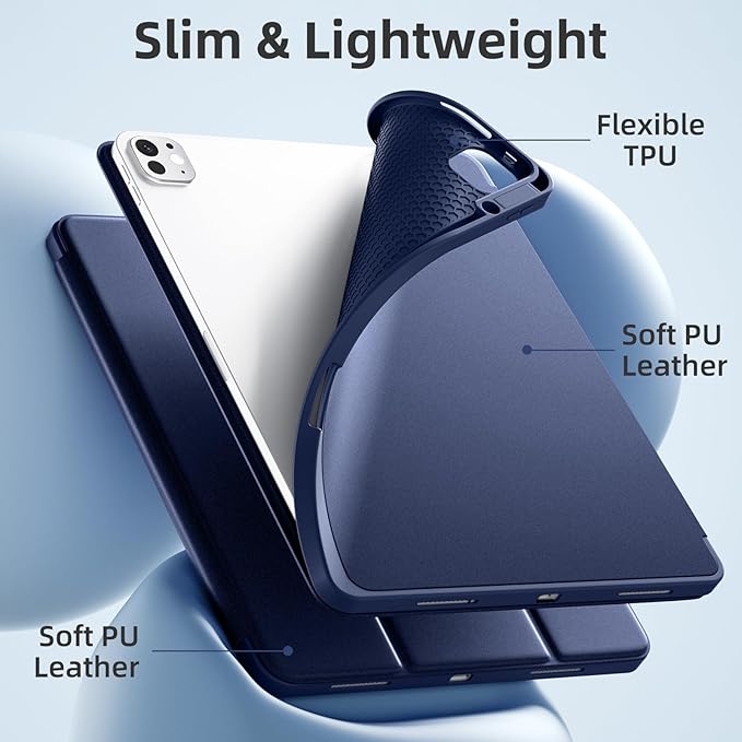 Akkerds Compatible with iPad Pro 13 Inch Case (M5/M4) 2025/2024, for iPad 13 Pro Case with Pencil Holder, Slim Trifold Stand Protective Cover with Soft TPU Back, Auto Wake/Sleep (Navy)